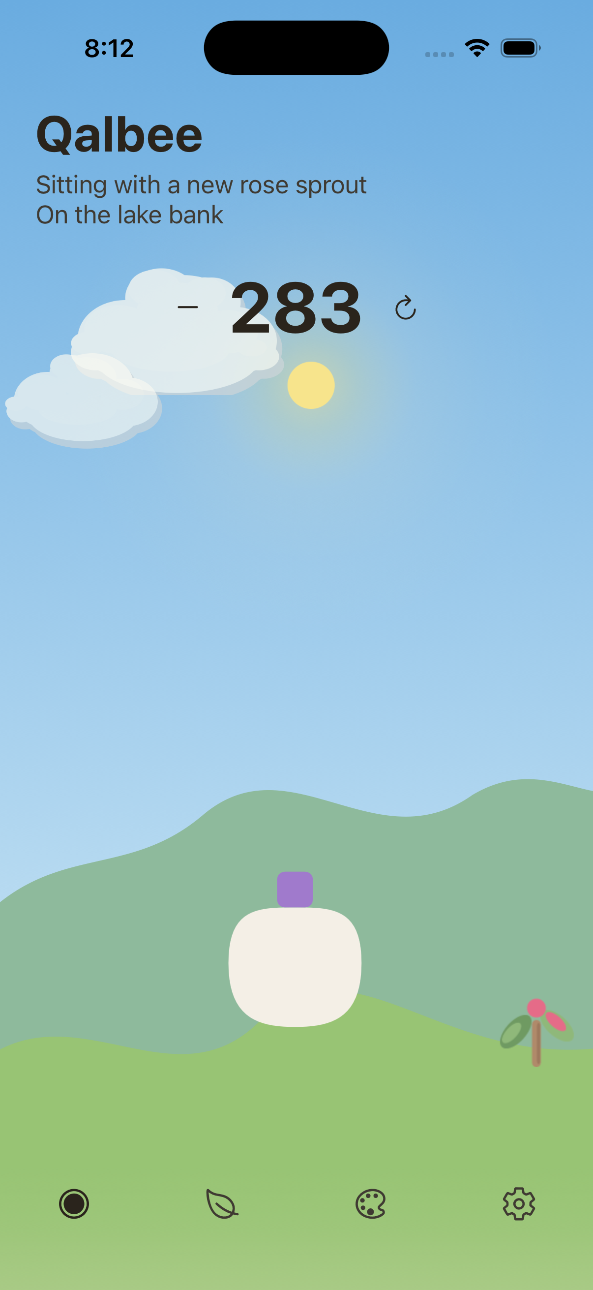 Qalbee home screen: a sunny courtyard with clouds, a growing sprout, and a tap counter