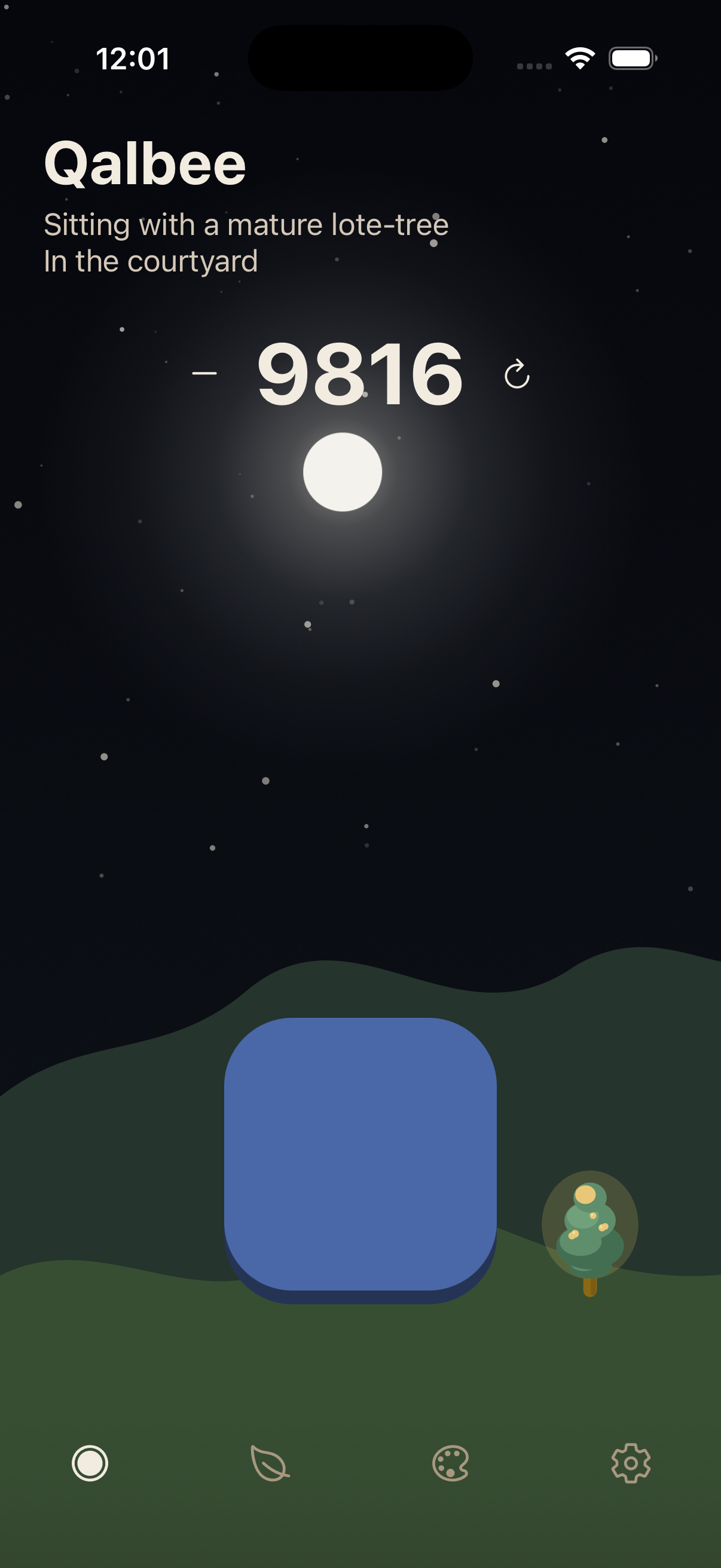 Qalbee at night, a full moon over the courtyard with the count at 9,816