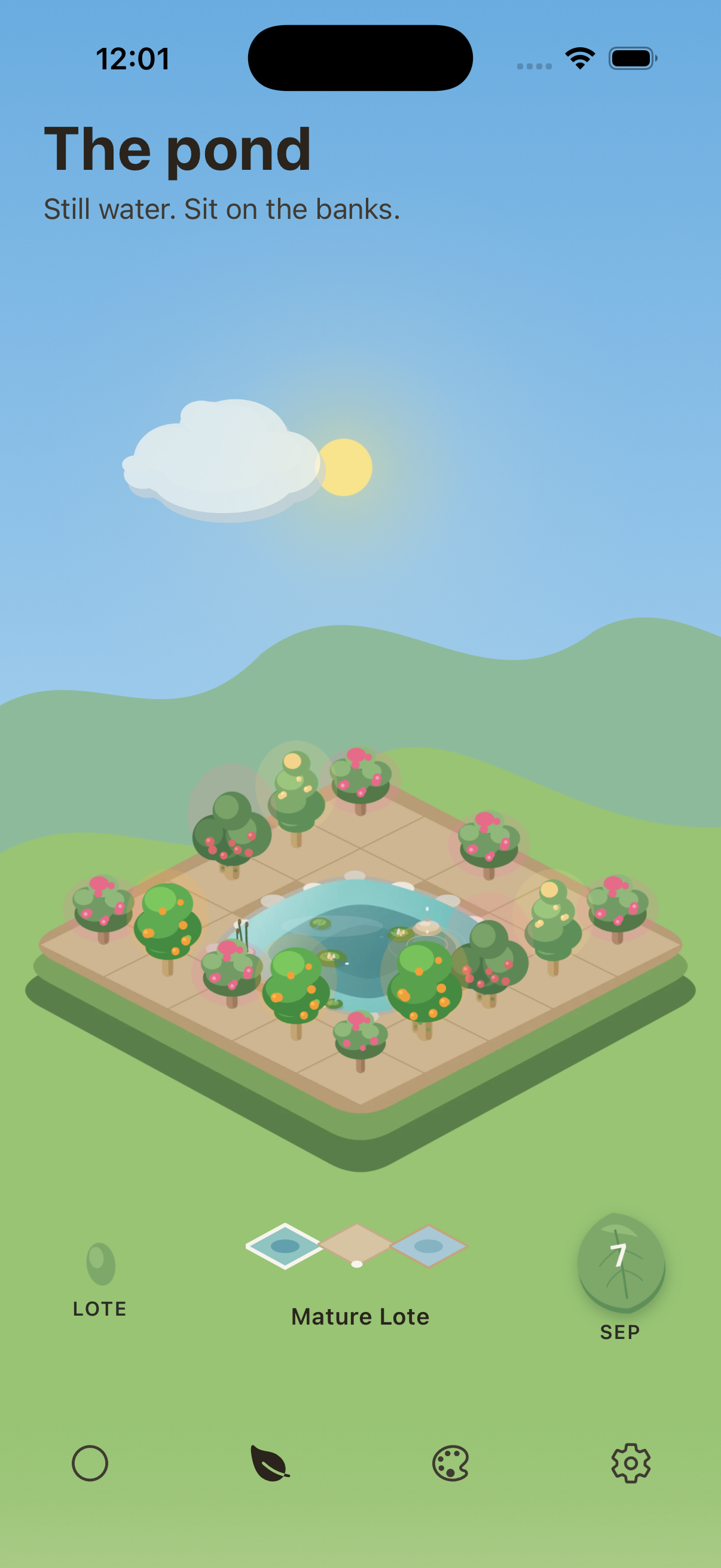 Qalbee pond view: an isometric garden of trees around still water